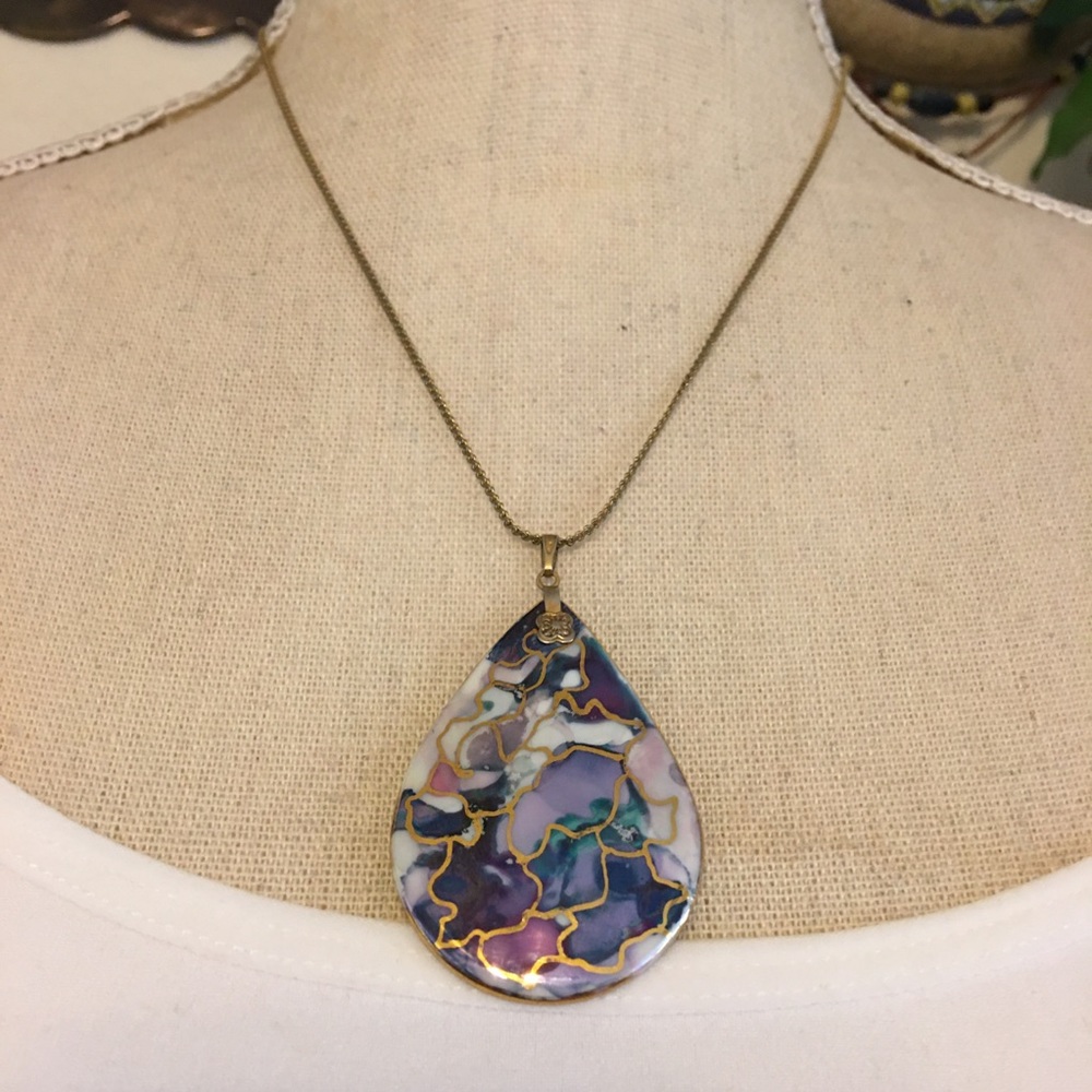 Vintage hand painted ceramic pendant on chain